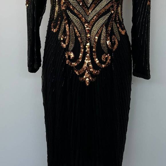 Cache Vintage Silk Fully Beaded Sequin Black Mini Dress Long Sleeve S/M - Picture 4 of 10